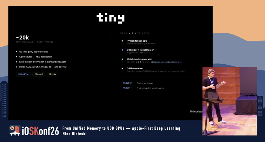 Slide from the iOSKonf26 talk on Apple-first deep learning, with Nino Risteski presenting
