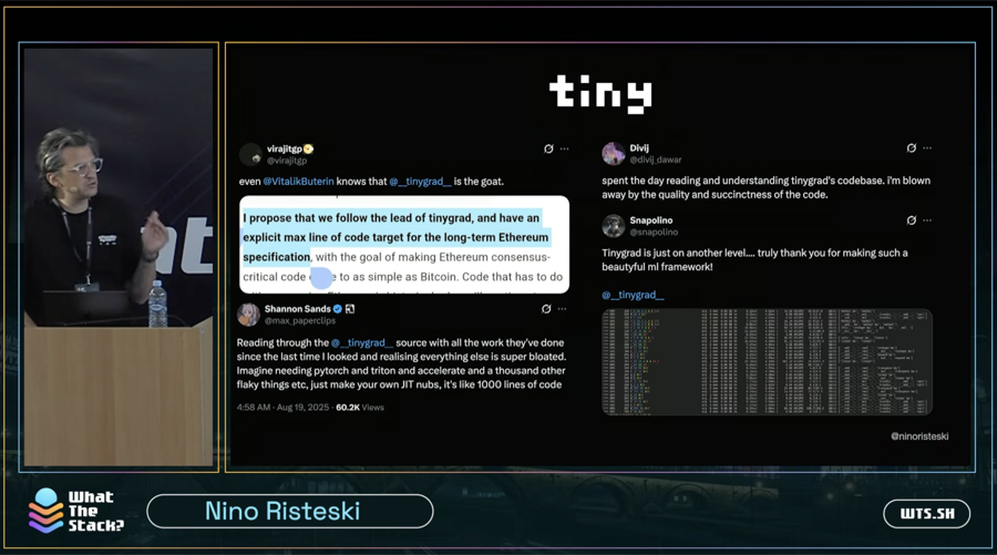 Slide from the What The Stack talk on tinygrad, with Nino Risteski presenting